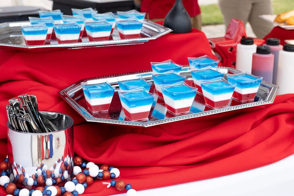 Red, white, and blue layered desserts on trays—near Richmond TX at a Brookewater event.
