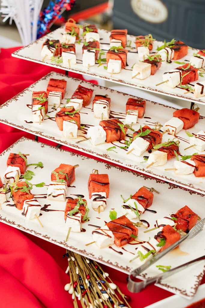 Skewers with watermelon, feta, and herbs—perfect bites for new home builders near Richmond TX.