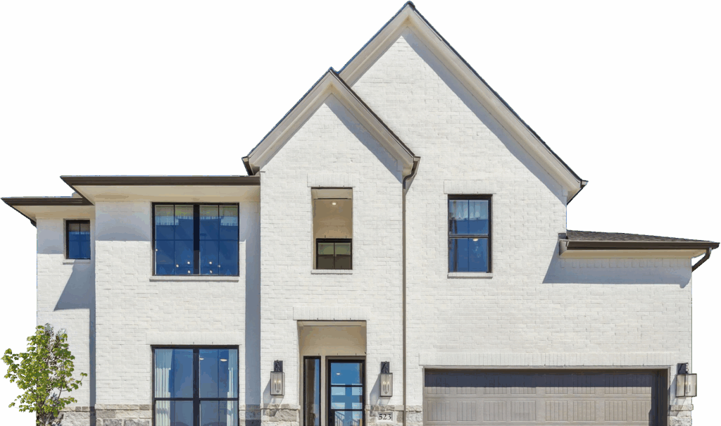 Modern two-story white brick house with large windows, built by new home builders near Richmond TX.